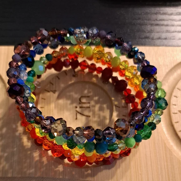 Rainbow Faceted Glass & Crystal Beaded Memory Wire Bracelet - Picture 3 of 4